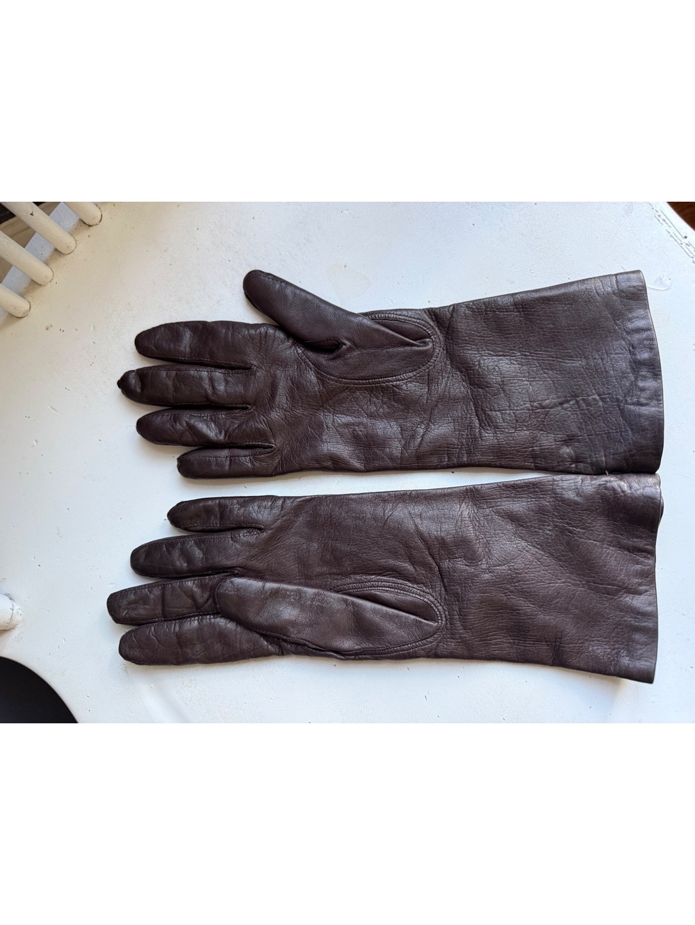 Vintage Long Brown Leather Gloves with Blue Knit Lining Size 7